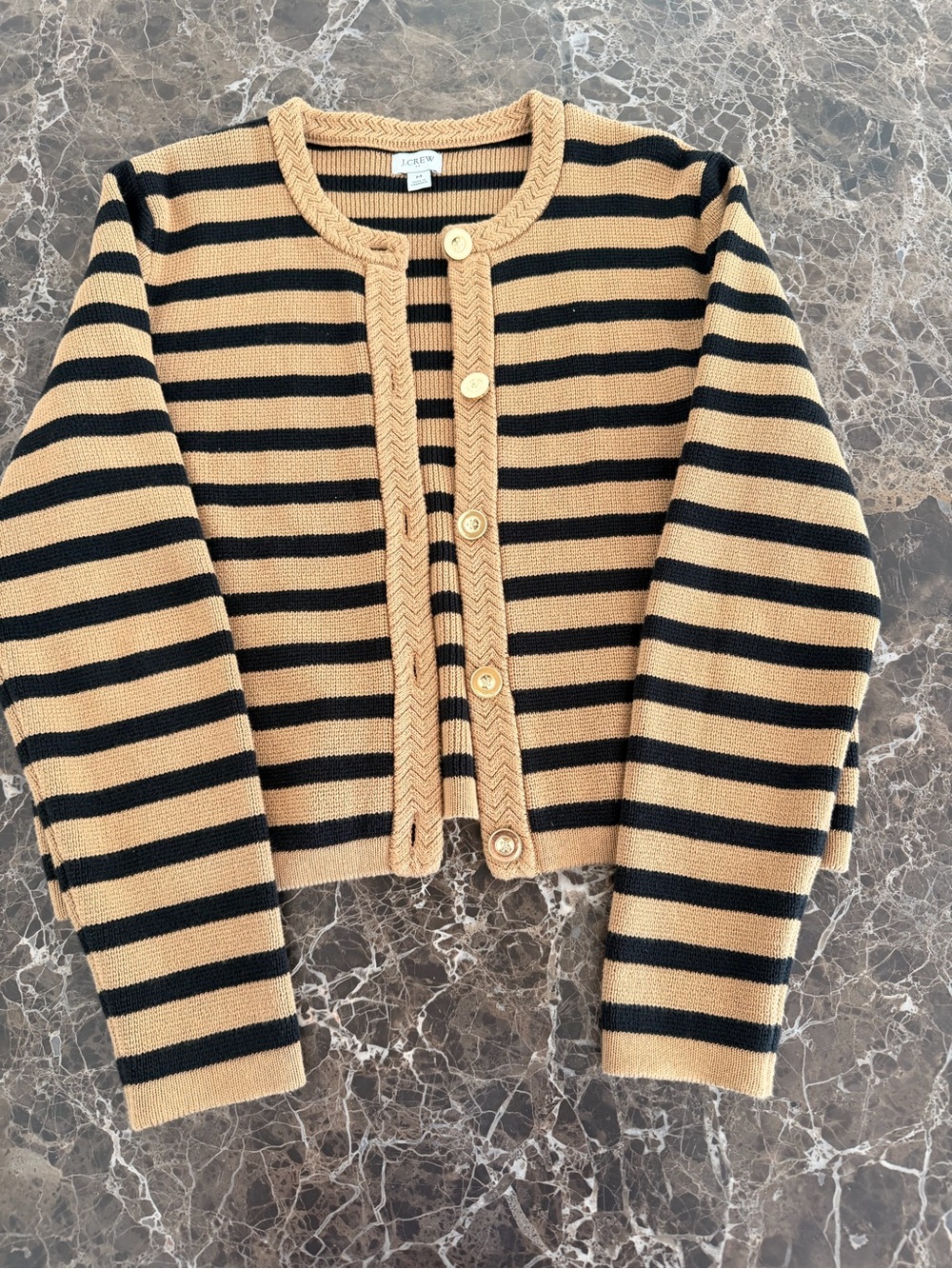 J. Crew Black and Camel Striped Cropped Button Cardigan